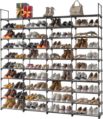10 Tier Free Standing Shoe Rack, 80 Pairs Tall Vertical Shoe Shelf, Stackable Metal & Waterproof PP, Adjustable Height with Hooks for Closet, Entryway, Dorm