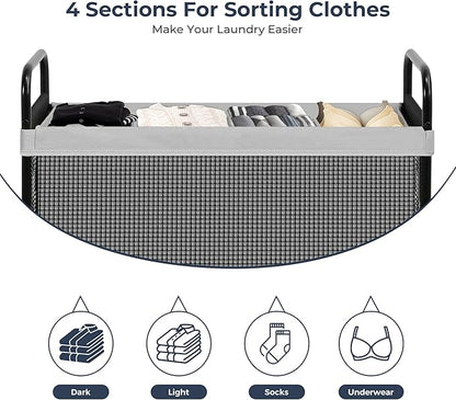 STO STO Laundry Hamper 4 Section, 140L Rolling Laundry Sorter Cart with Removable and Washable Liner Bag, Clothes Hamper with Wheels and Metal Handle for Laundry Room and Bedroom, Gray