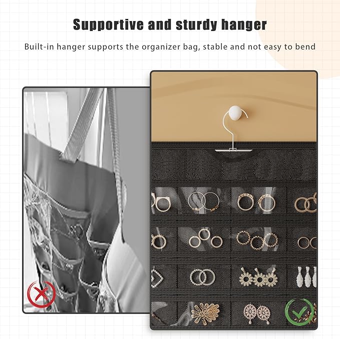 1 Pack Hanging Jewelry Organizer 80-Pocket Dual-sided Jewelry Storage for Earring Necklace Bracelet Ring Travel Holder, Black and White