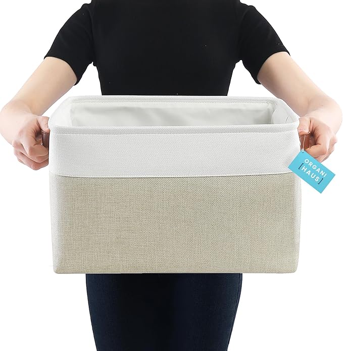 OrganiHaus 16x12.5in Canvas Storage Baskets 3 Pack | EXTRA LARGE Fabric Bins for Shelves | Linen Closet Organizer | Beige/Off-White