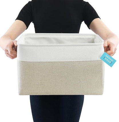 OrganiHaus 16x12.5in Canvas Storage Baskets 3 Pack | EXTRA LARGE Fabric Bins for Shelves | Linen Closet Organizer | Beige/Off-White