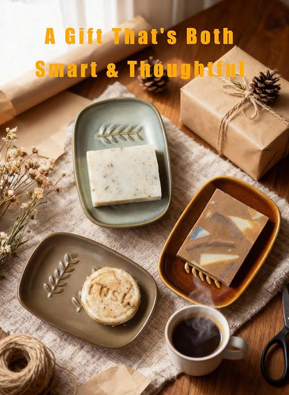 Miamolo Soap Dish Soap Holder Shower, Ceramic Soap Dishes for Bar Soap Sponge, Farmhouse Shower Soap Dish, Large Soap Saver Tray for Bathroom Kitchen Sink, Easy Cleaning, Extend Soap Life, Brown
