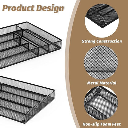 Sedegn Silverware Organizer Metal Mesh, Large Drawer Organizer, Utensil Cutlery Tray for kitchen drawers, Flatware Organizer with 6 Compartment, Black (11.3”*16“)