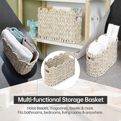 Coeusy Toilet Paper Storage Basket,Boho Decorative Scalloped Baskets,Coastal Bathroom Decor,Hand-Woven Plastic Wicker Bathroom Accessories Organizer