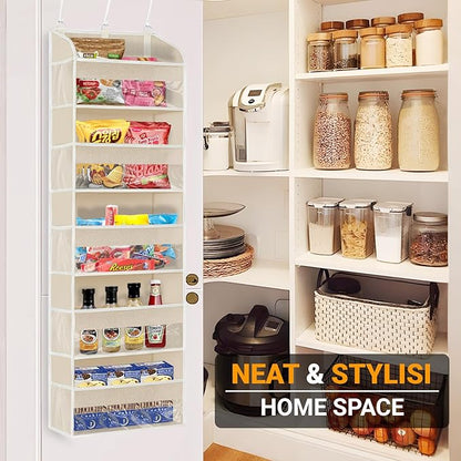 5 Layers Over The Door Organizer with Clear Window, 10 Mesh Side Pockets and 3 Hooks, 1 Pack Large Pockets Heavy Duty Hanging Storage for Bedroom/Bathroom/Pantry/Nursery (Beige-1)