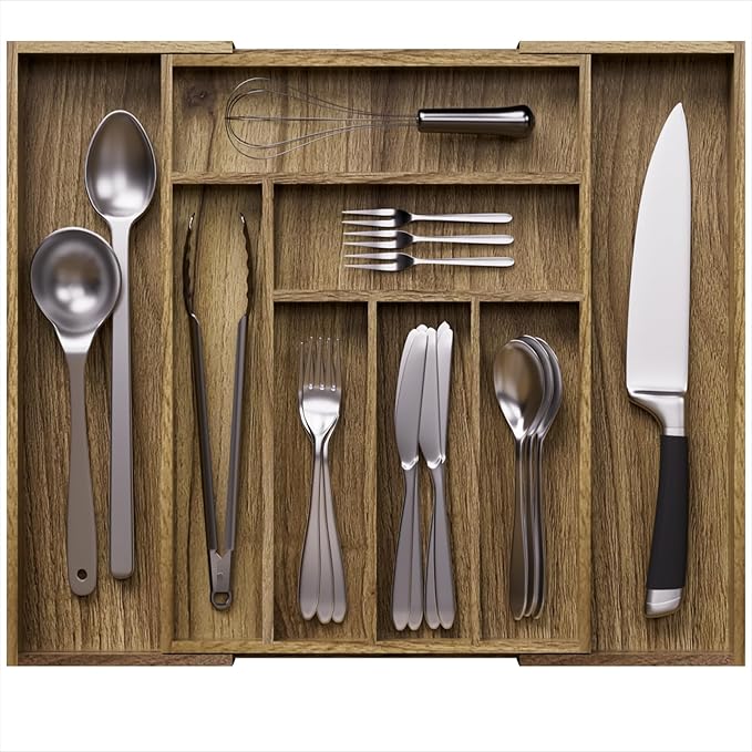 Kiasthome Acacia Wood Kitchen Silverware Drawer Organizer, Expandable Utensil Cutlery Drawer Organizer with Dividers, Flatware Organizer Silverware Tray for Spoon, Fork, 13''-21''x16.9'' (6-8 Slots)