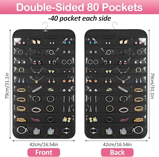 1 Pack Hanging Jewelry Organizer, 80 Clear Pockets earring organizer and storage, Accessories holder organizer for Closet, Jewelries, Necklace, Travel