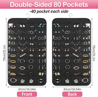 1 Pack Hanging Jewelry Organizer, 80 Clear Pockets earring organizer and storage, Accessories holder organizer for Closet, Jewelries, Necklace, Travel
