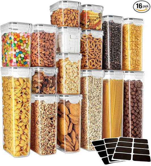 MR.SIGA 16 Pack Airtight Food Storage Container Set, BPA Free Kitchen Pantry Organization, Kitchen Canisters for Cereal, Spaghetti, includes 24 Reusable Sticker Labels