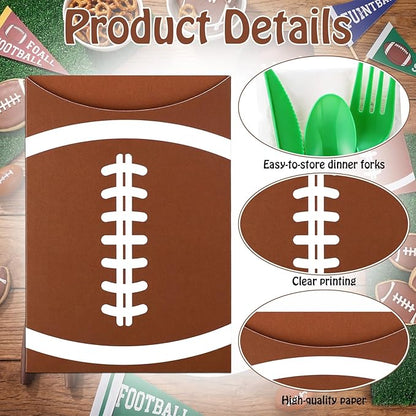 Tinlade 24 Pcs Football Utensil Holder Paper Silverware Sleeves, 3.54 x 5.12 Inch Disposable Cutlery Holders, Utensil Bags for Football Party Supplies, Sports Event, Birthday, Kitchen Decorations