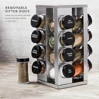 Kamenstein 16 Jar Heritage Revolving Countertop Spice Rack Organizer with Spices Included, FREE Spice Refills for 5 years, Brushed Stainless Steel with Black Caps | Revolving