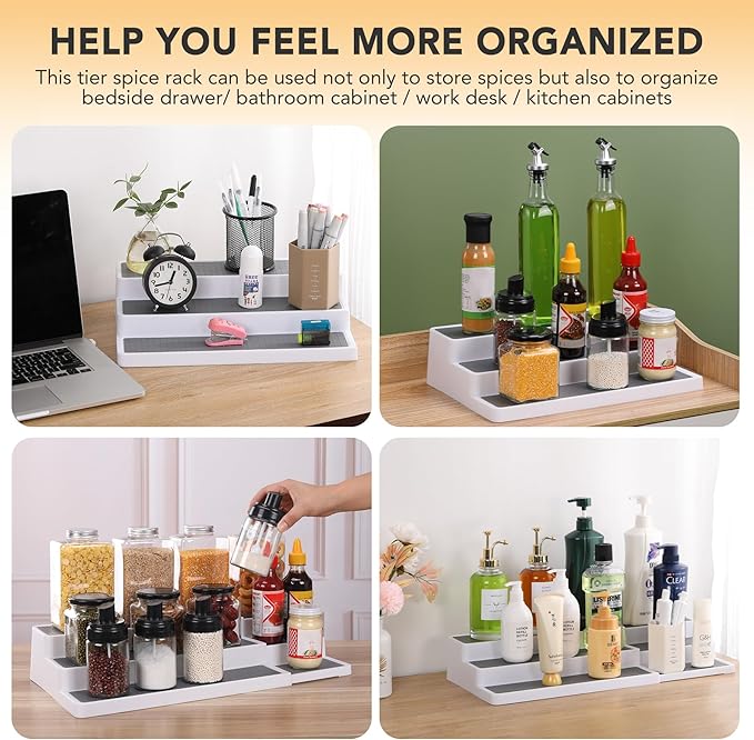 CiWiVOKi 3 Tier Expandable Spice Rack Organizer, Plastic Spice Rack, Adjustable Length 14.6In-25.8In, Non-Skid Tiered Spice Shelf Organizer for Kitchen Cabinet, Cupboard, Pantry, White/Grey
