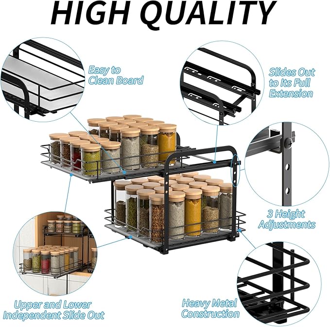 BOIVSHI 2-Tier Spice Rack, Pull Out Cabinet Organizer Spice Racks Height Adjustable Heavy Duty Metal Basket for Inside Cabinets & Pantry Closet(9.5''Wx10.5''Dx9.5''H)