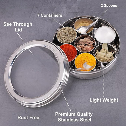 Stainless Steel Belly Shape Spice Box | Masala Dabba | Multipurpose Container/Organizer with See Through Lid with 7 Containers and Small Spoon/Medium