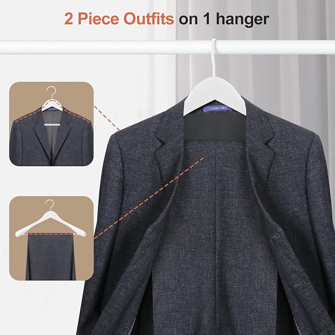 TOPIA HANGER White Wooden Coat Hanger 6 Pack, Wood Suit Hangers,Glossy Finish with Extra-Wide Shoulder, Thicker White Hooks & Anti-Slip Bar,Suitable for Coat, Suit,Dress,Jacket,Heavy Cloth - CT02W