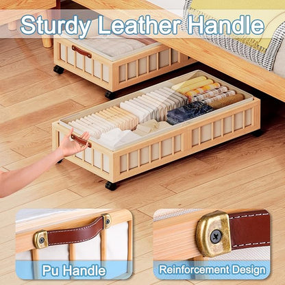 efluky 2-Pack Bamboo Under Bed Storage with Wheels, Rolling UnderBed Storage Basket with Large Dust Bag, Under Bed Storage Containers for Bedroom, Dorm and Basement, Nature