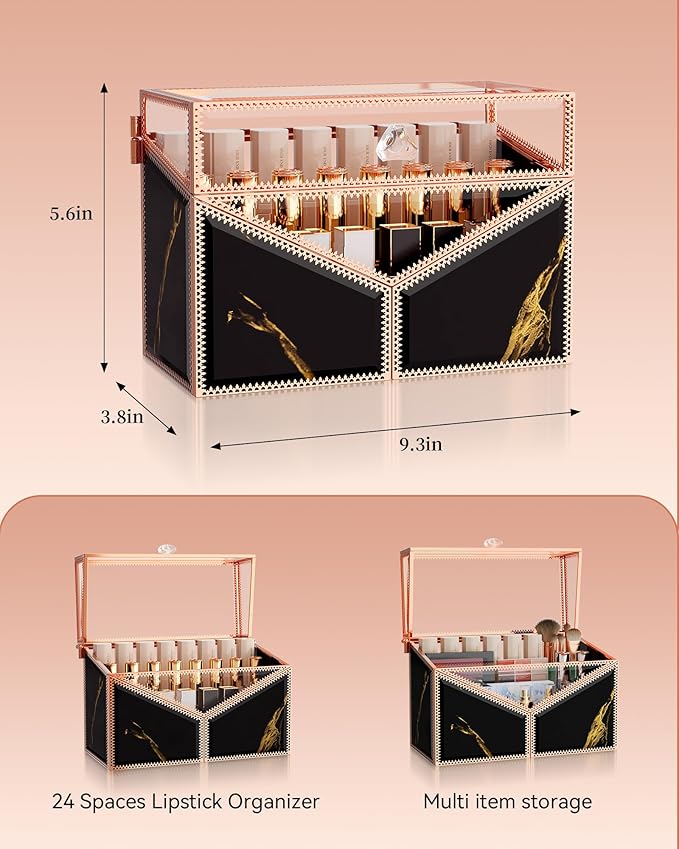 Youdepot Lipstick Organizer Lipstick Holder - 24 Spaces, Tempered Glass Lip Gloss and Perfume Organizer,Vanity Lipstick Holder and Organizer.Black
