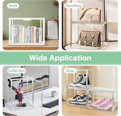 2-Pack Clear Book Storage Organizer Box, Stackable Acrylic Display Case with Magnetic Door, Portable Bookcase Containers for Comics, Handbags, Toys and Shoes, 14.2" x 10.6" x 8.7"