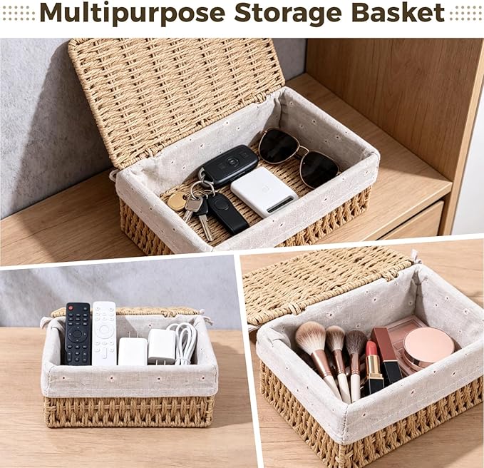 3PCS Small Wicker Basket With Lid and Liner, Handmade Rectangular Paper Rope Square Wicker Basket for Bedroom, Living Room, Desk, Cabinet Organization, Decorative Boxes Boho Decor