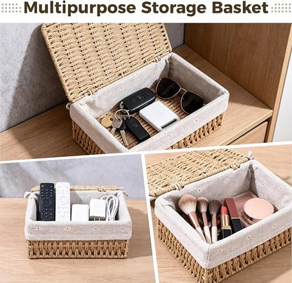 3PCS Small Wicker Basket With Lid and Liner, Handmade Rectangular Paper Rope Square Wicker Basket for Bedroom, Living Room, Desk, Cabinet Organization, Decorative Boxes Boho Decor