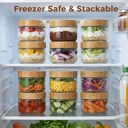 6oz Glass Jars with Airtight Lids - 4 Pack Overnight Oats Containers with Bamboo Lids, Small Food Containers with Measurement for Yogurt, Salad, Chia, Wide Mouth Mason Jar with Lid for Food Storage