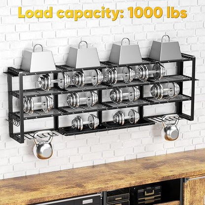 POKIPO Extra Large 64" W Power Tool Organizer Wall Mount, 1000 lbs Load Capacity, Heavy Duty 4 Tier Garage Storage Rack with 8 Drill Holders, 2 in 1 Corner or Straight Installation