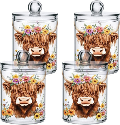 2 Pack Qtip Holder Dispenser for Cotton Ball Adorable Highland Cow Florals Swab Round Pads Clear Plastic Acrylic Jar Set Bathroom Canister