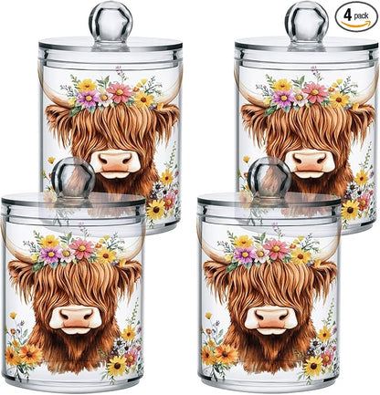 4 Pack Qtip Holder Dispenser Adorable Highland Cow Florals Cotton Ball Swab Round Pads Floss Clear Bathroom Storage Containers Plastic Apothecary Jars with Lids