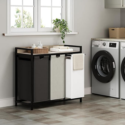 Herture Laundry Hampers with Shelf, Laundry Basket 3 Section, Laundry Sorter with Pull-Out Removable Large 3 Color Bags and Movable Wheels, Metal Frame, 3 x 15.87 Gallons (60L), Greige PF04XLZ