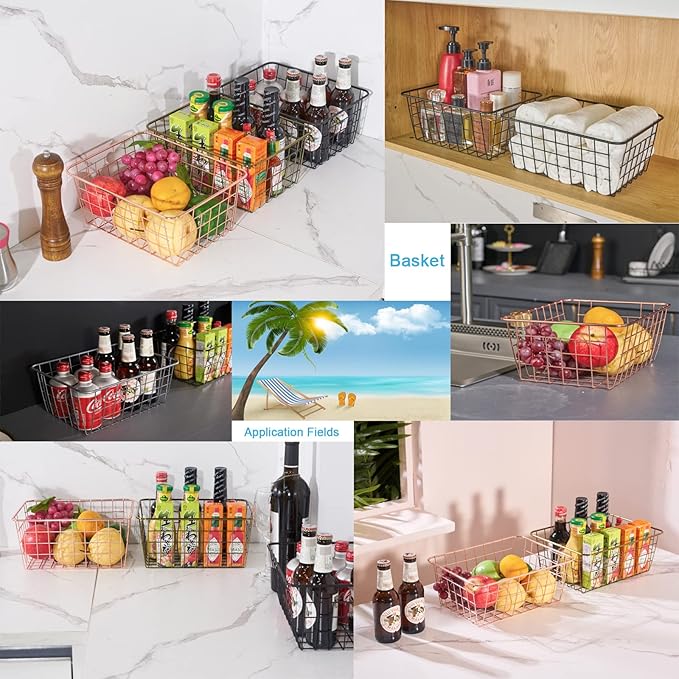 JUNCHU CHERRY Wire Kitchen Storage Basket 5 Packs,Perfect Pantry Organization Accessories Baskets,Laundry Basket,Countertop Organization,Suitable for Kitchen,Bathroom,Bedroom,Tabletop,Rose gold