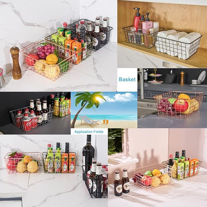 JUNCHU CHERRY Wire Kitchen Storage Basket 5 Packs,Perfect Pantry Organization Accessories Baskets,Laundry Basket,Countertop Organization,Suitable for Kitchen,Bathroom,Bedroom,Tabletop,Rose gold