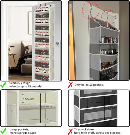 Over the Door Organizer Storage 6 Tier, 12 Large Capacity Side Pockets, Heavy Duty Metal Reinforced Hook Anti Tilt 75 LB Load Behind Door Storage for Bedroom Bathroom Pantry Nursery