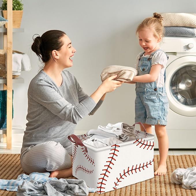 Baseball Decor Storage Basket Waterproof Canvas Toy Storage Bin Baseball Room Decor Collapsible Outdoor Basket with Leather Handles Blanket Baskets For Closets,Bedrooms,Gifts Baskets