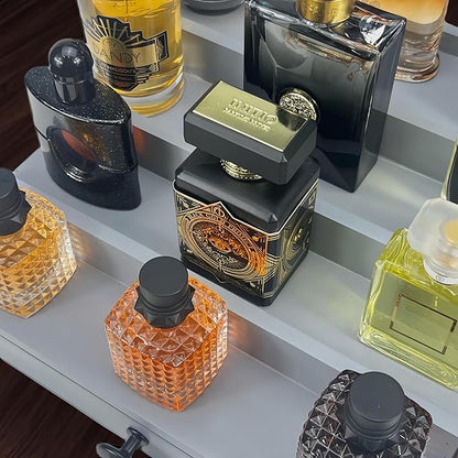 Wooden Cologne Organizer for Men 4 Tier | Dove Grey Perfume Holder Shelf for Dresser | High Grade Velvet Lining and Stylish Gift Box | Uncluttered Design Perfume Display Stand