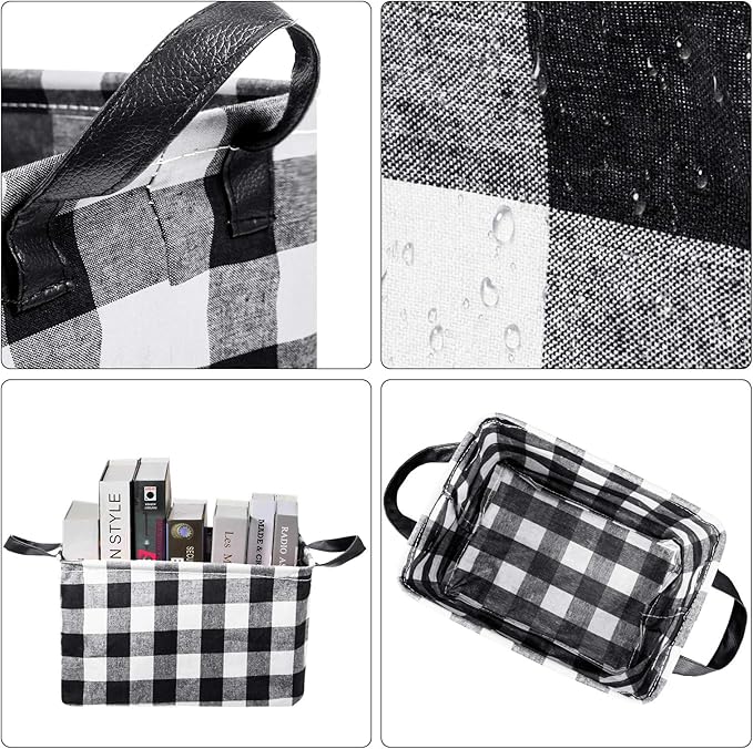 Boao 6 Pcs Buffalo Plaid Basket Square Storage Basket Black and White Buffalo Check Basket Bin Solid Storage Organizer with Handles Collapsible Square Organizer for Home Office