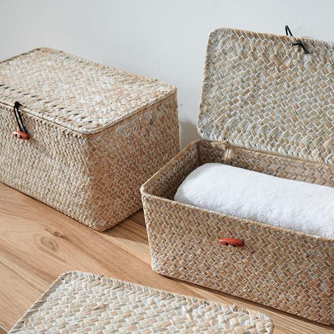 4 Pack, Wicker Baskets with Lids, Nautral Seagrass Storage Baskets, Woven Rectangular Basket Bins, Rattan Storage Organizer for Shelf (Whitewashed, Set of 4)