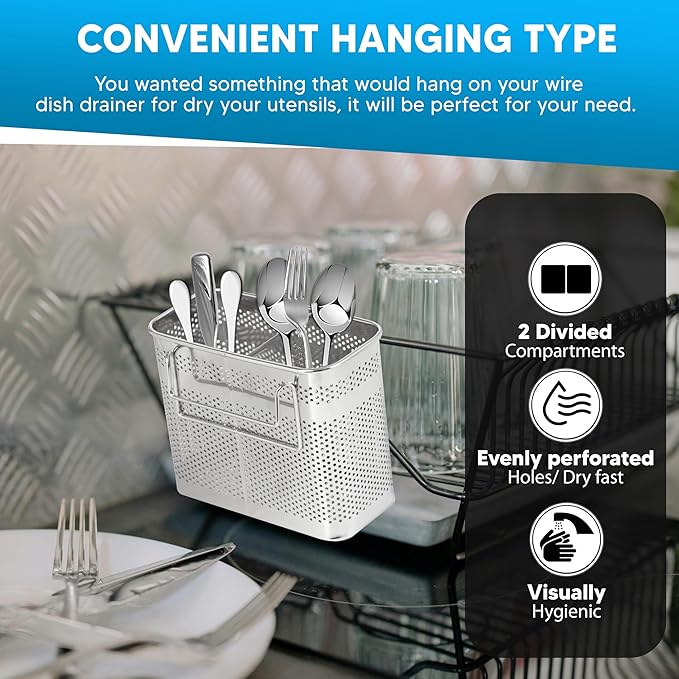 HOME&I Silverware Drying Basket for Dish Rack, SUS 304 Stainless Steel Hanging Utensil Holder with Wide Stable Hooks, 2-Compartment Cutlery Caddy for Kitchen Sink & Counterto