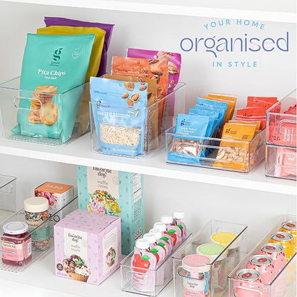 Plastic Food Storage 8 Pack Clear Container Bin with Handles for Organizing Kitchen, Pantry, Fridge, Freezer, Pantry,Bathroom. 10"x6"x5"