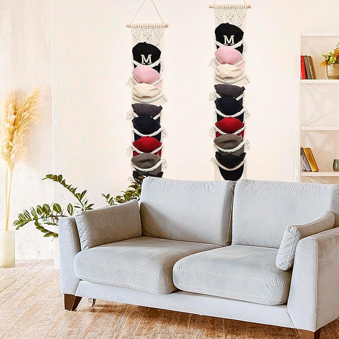 jontell Boho Ball Cap Hanger-2 Pack-Boho Macrame Cap Holder Wall Hat Organizer for Baseball Cap Holder Over Door, Hat Rack for Wall Cap Rack Disaplay Bearoom Decorations