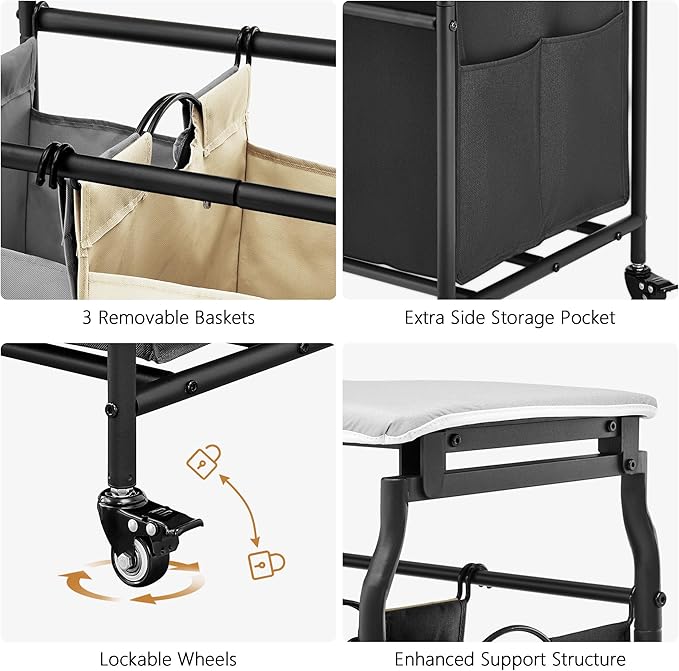 Hoctieon 3 Section Laundry Sorter Cart with Ironing Board, Laundry Hamper Basket with Shelf and Wheels, Heavy Duty Clothes Organizer, Large Clothes Separator with Removable Bags, Black+Gray+Beige