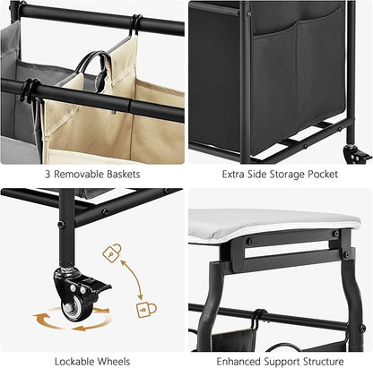 Hoctieon 3 Section Laundry Sorter Cart with Ironing Board, Laundry Hamper Basket with Shelf and Wheels, Heavy Duty Clothes Organizer, Large Clothes Separator with Removable Bags, Black+Gray+Beige