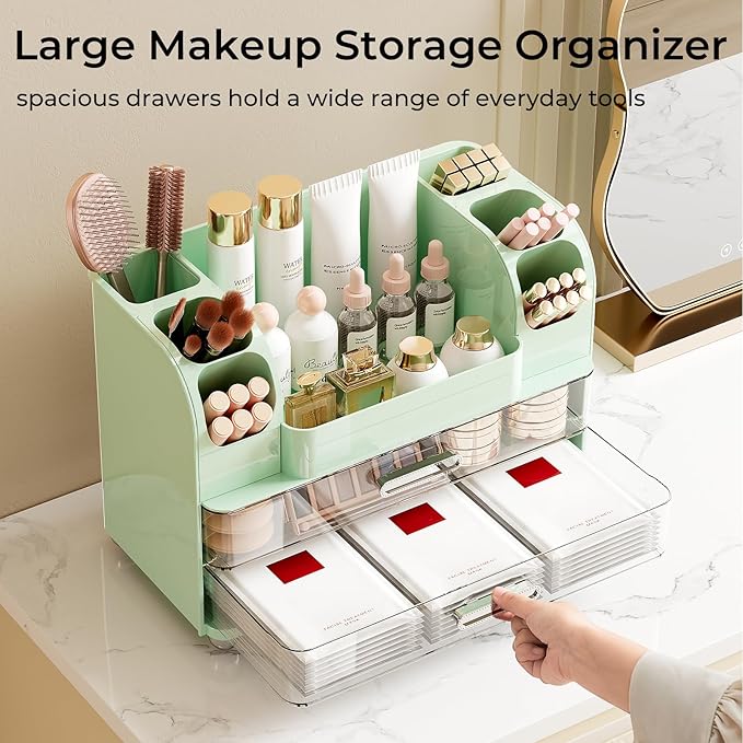 Makeup Organizer for Vanity with 2 Large Drawers, Cosmetic Display Case with Brush Holders, Easy to Storage for Bathroom Countertop Skincare, Perfume, Green