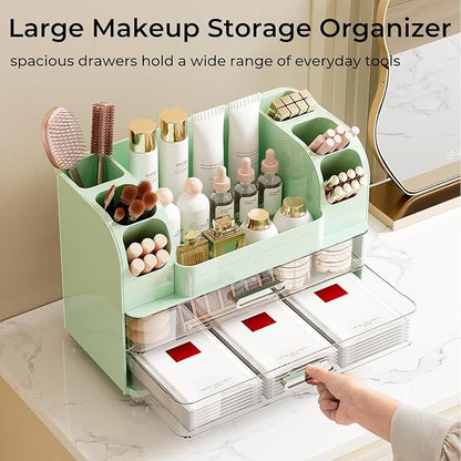 Makeup Organizer for Vanity with 2 Large Drawers, Cosmetic Display Case with Brush Holders, Easy to Storage for Bathroom Countertop Skincare, Perfume, Green