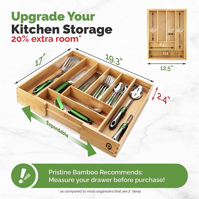 Pristine Bamboo Silverware Tray for Drawer Organizer,Kitchen Drawer Organizer,Cutlery Organizer in Drawer, Flatware Silverware Holder, Expandable Adjustable Wooden Dividers (8-slots)