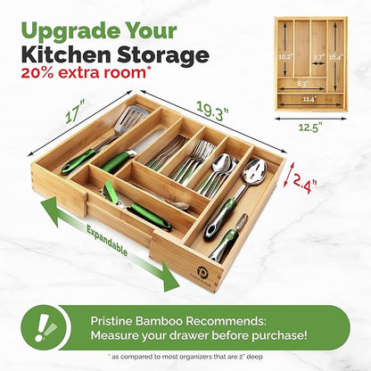 Pristine Bamboo Silverware Tray for Drawer Organizer,Kitchen Drawer Organizer,Cutlery Organizer in Drawer, Flatware Silverware Holder, Expandable Adjustable Wooden Dividers (8-slots)