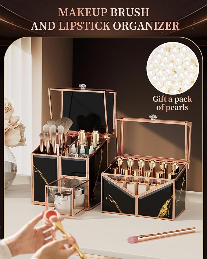 CoralHouse black makeup organizer – Vanity Holder with 18-Slot Lipstick Organizer & Covered Makeup Brush Holder – Skincare, Perfume & Cosmetic Display for Bathroom or Dresser
