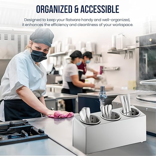 OCS Parts 3-Compartment Silverware Display Holder | Stainless Steel Cylinders | Stainless Steel Kitchen Caddy Utensil Holder with Perforated Cylinders for Home Kitchens, Restaurants and Buffets