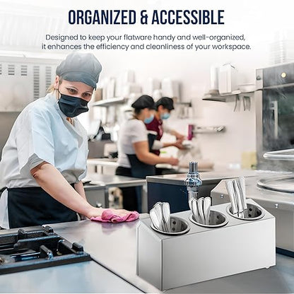 OCS Parts 3-Compartment Silverware Display Holder | Stainless Steel Cylinders | Stainless Steel Kitchen Caddy Utensil Holder with Perforated Cylinders for Home Kitchens, Restaurants and Buffets