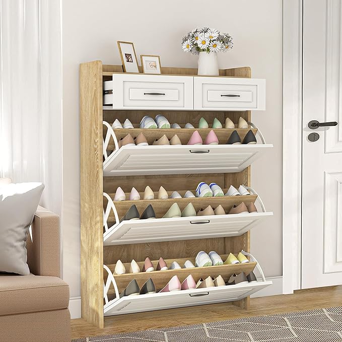 Vibe & Dine Shoe Cabinet with 3 Large Flip Drawers & 2 Storage Drawers, Narrow Shoe Organizer Cabinet Fits for Kinds of Shoes, Slim Shoe Storage Cabinet for Entryway, Hallway, Bedroom, Natural Wood
