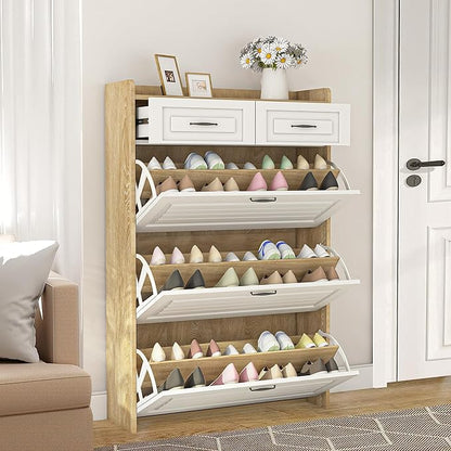Vibe & Dine Shoe Cabinet with 3 Large Flip Drawers & 2 Storage Drawers, Narrow Shoe Organizer Cabinet Fits for Kinds of Shoes, Slim Shoe Storage Cabinet for Entryway, Hallway, Bedroom, Natural Wood